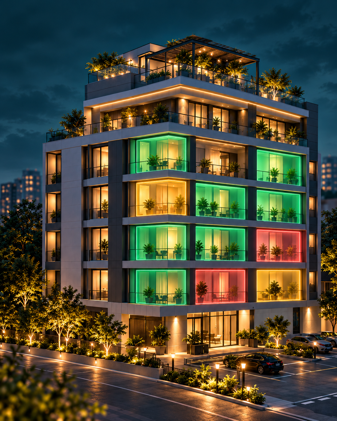 Contemporary apartment building at dusk, with green, amber and coral windows illustrating rent status